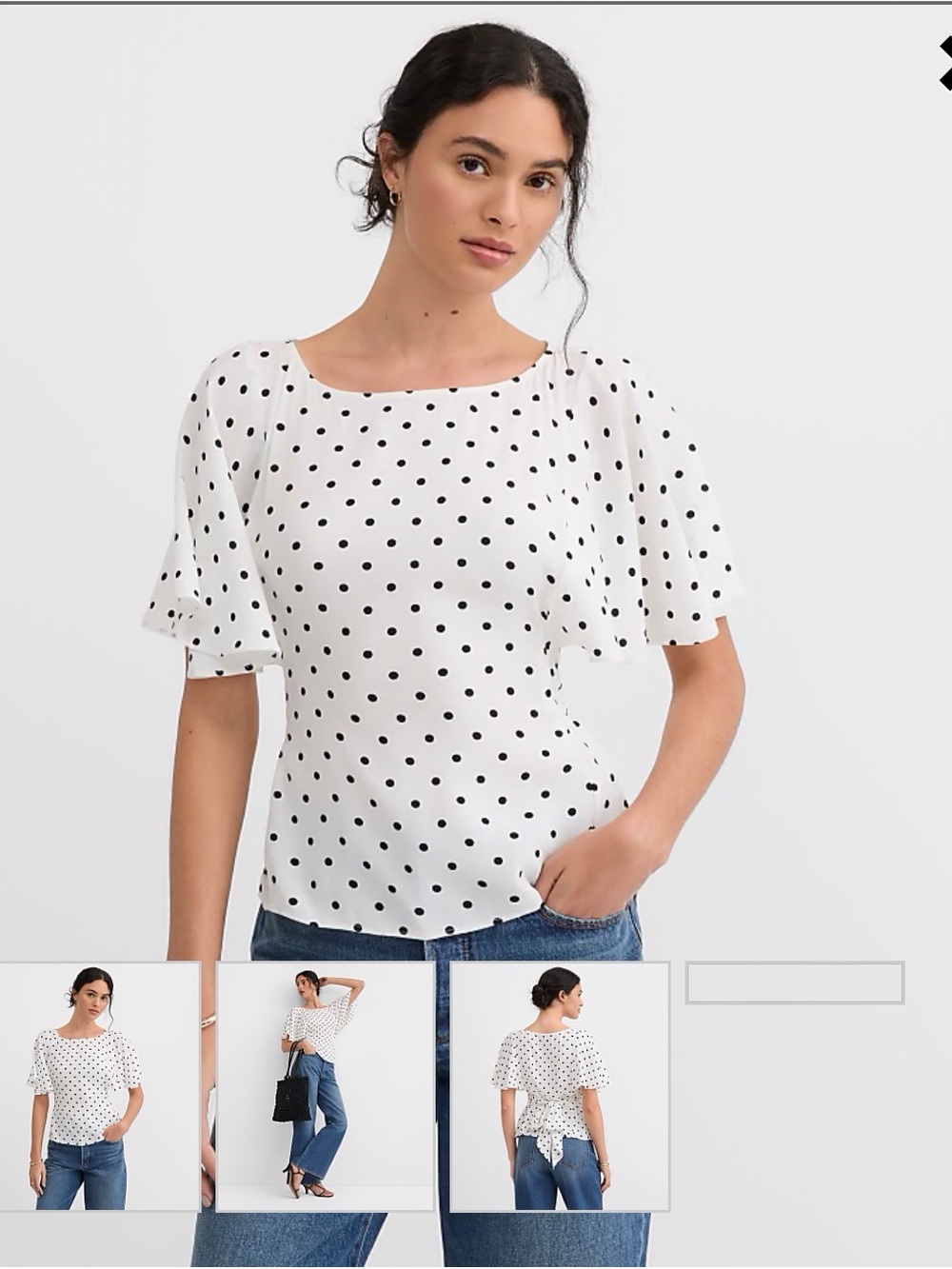 LOFT White Blouse with Black Polka Dots, Flutter Sleeves, and Tie Waist